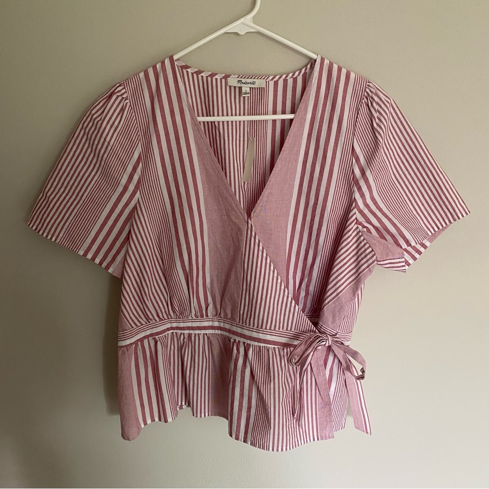 NWT Madewell Ruffle Hem Stripe Mix Pink Wrap Top Size L